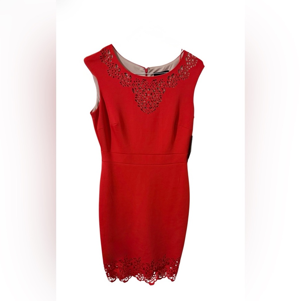 NWT Sangria Elegant Vibrant Orang Red Laser-cut Patterned Dress